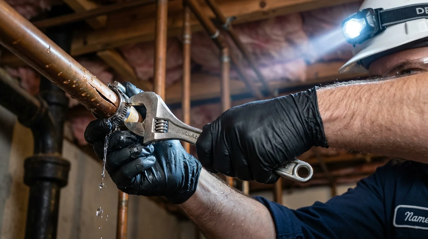 Emergency pipe clamp repair being performed by a Johns Plumbing LLC plumber in Norwich