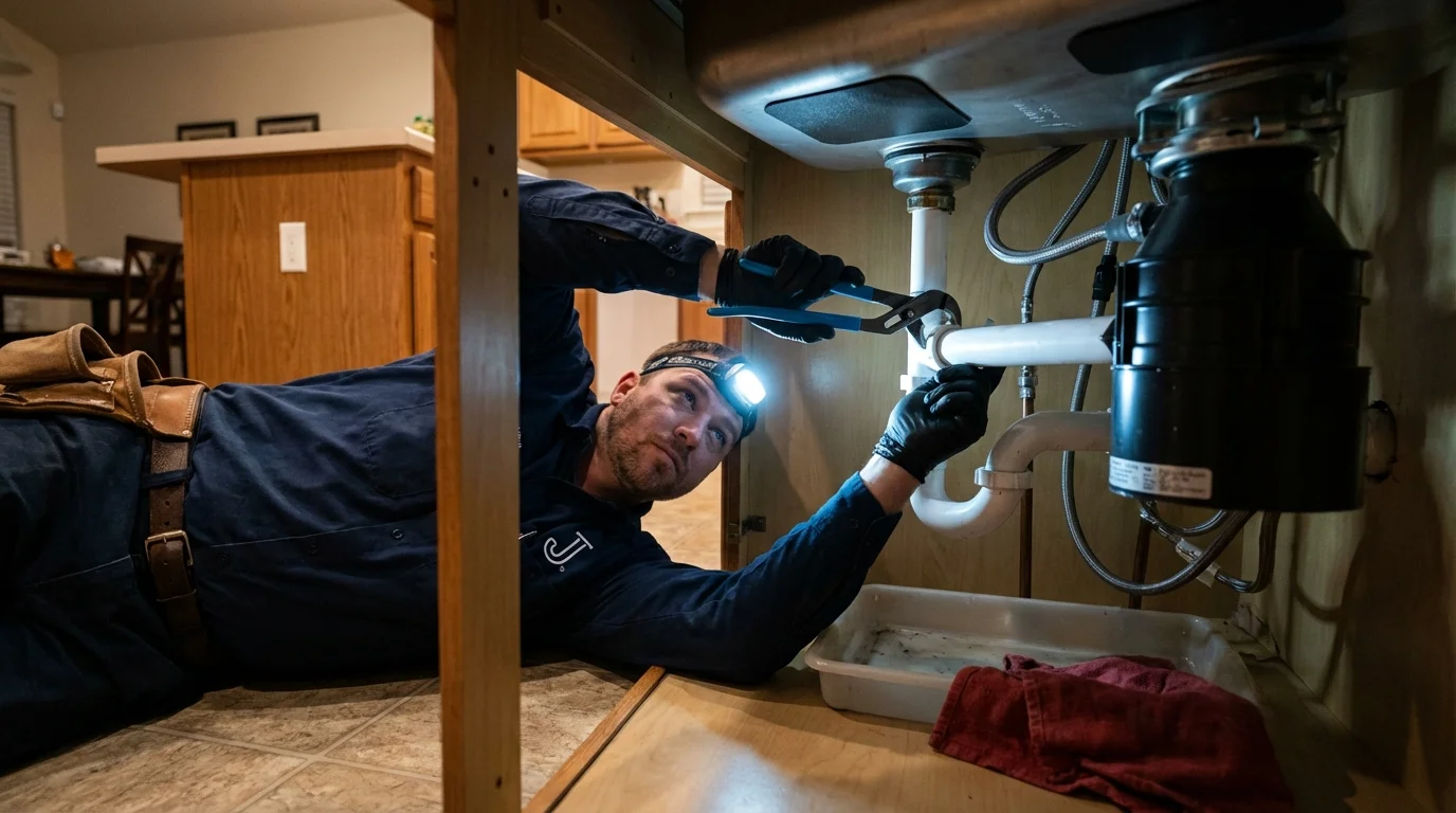 P-trap and supply line connections under a kitchen sink showing a common leak point in Norwich, NY